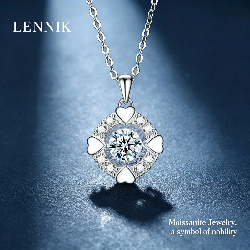 LENNIK S925 Sterling Silver Smart Simple Love Necklace Moissanite Beating Heart Pendant Collarbone Chain Jewelry