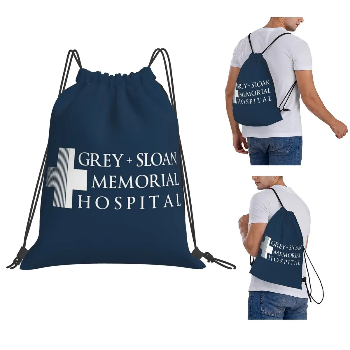 

Grey + Sloan Memorial Hospital Logo White Print Backpacks Drawstring Bundle Pocket Sports Bag Book Bags for Travel Students