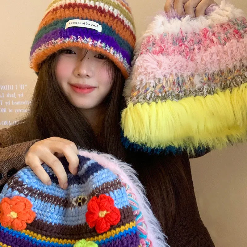 Gorro de pescador de punto colorido para mujer, gorro de lana, bonito y versátil, con circunferencia de cabeza grande, cálido, de felpa, para Otoño e Invierno