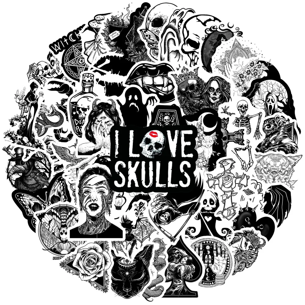 50PCS Black and White Devil Gothic Graffiti Waterproof Sticker Suitcase Notebook Skateboard  Cup Guitar Helmet Decorative Decals