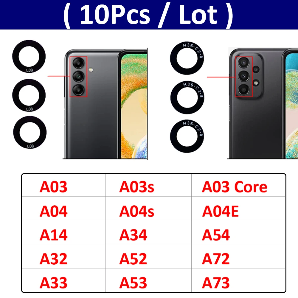 10Pcs Rear Back Camera Glass Lens For Samsung A10s A20s A02 A02s A03s A03 Core A22 A32 A52 A72 A33 A53 A73 4G 5G Ahesive