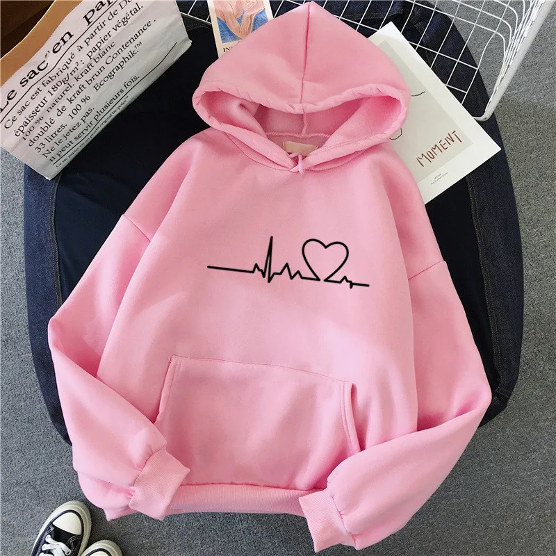 

Fashion Heart Printed Hooded Sweatshirt Women Valentine's Day Couple Sweatshirt Casual Solid Long Sleeve Pullover Sweatshirt