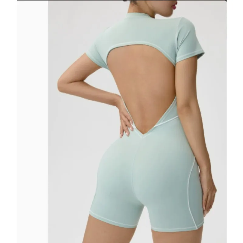 Women Short Sleeve Workout Jumpsuit Backless Zip Up Romper Bottom Shorts Built-in Bra Bodysuit Bodycon Sexy One Piece