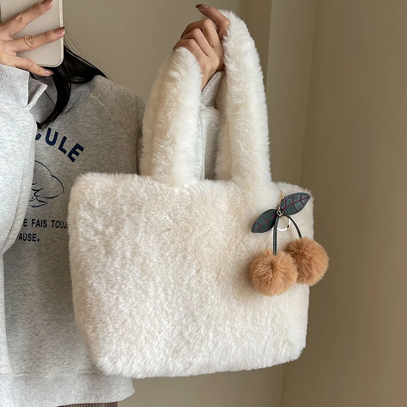 Plush fur bag portable bag with large capacity furry shoulder bag for college students handbags