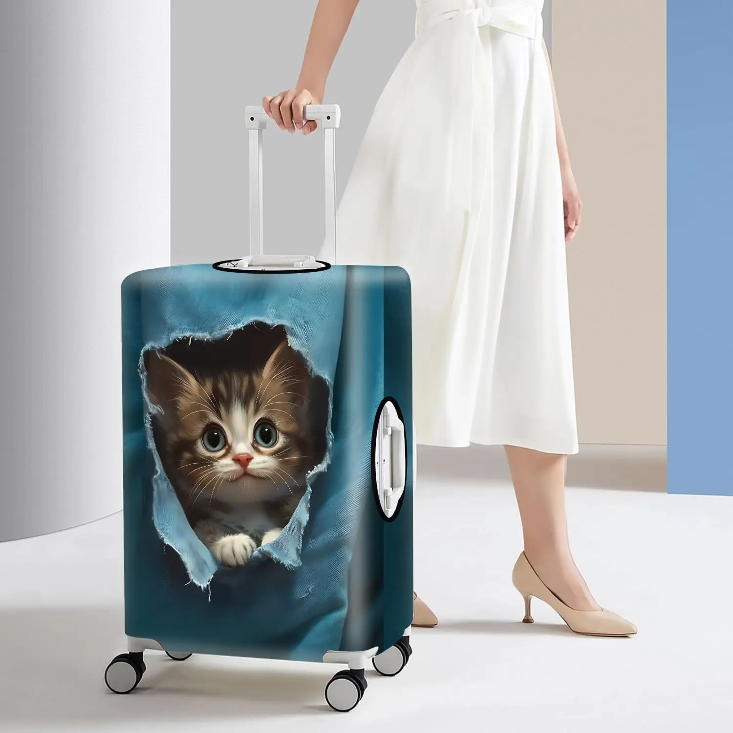 Stretchable & Durable Suitcase Protector with Peeking Kitty Design