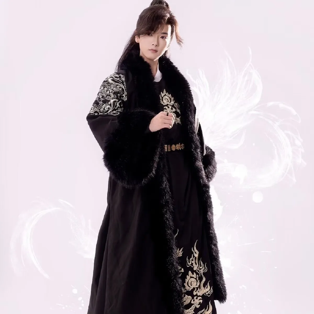 

Chinese Hanfu Men Cosplay Costume Party Outfit Winter Warm Ancient Black Embroidered Cloack Robe Hanfu Tang Suits For Women