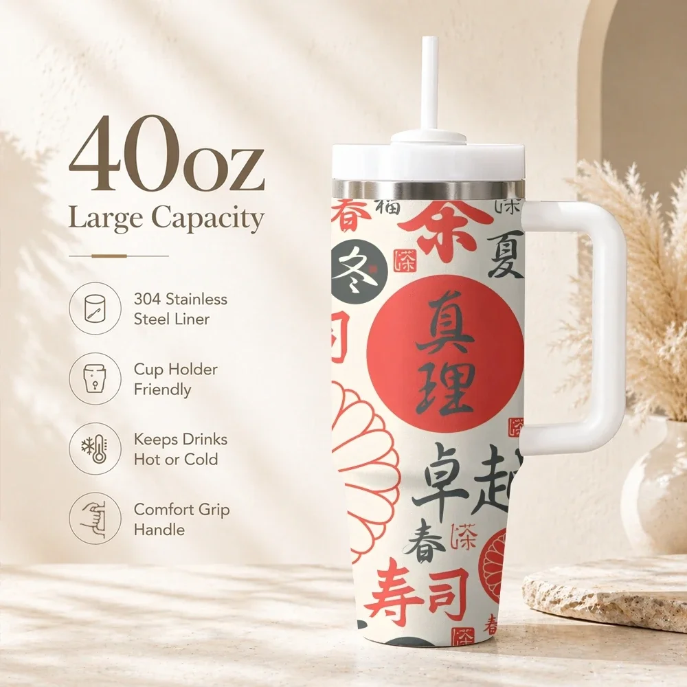 Chinese Characters Calligraphy Flasks 40oz Portable Stainless Steel Tumbler with Handle Straw Double Wall Vacuum Insulated Mugorders for other colors will be shipped randomly in black or white