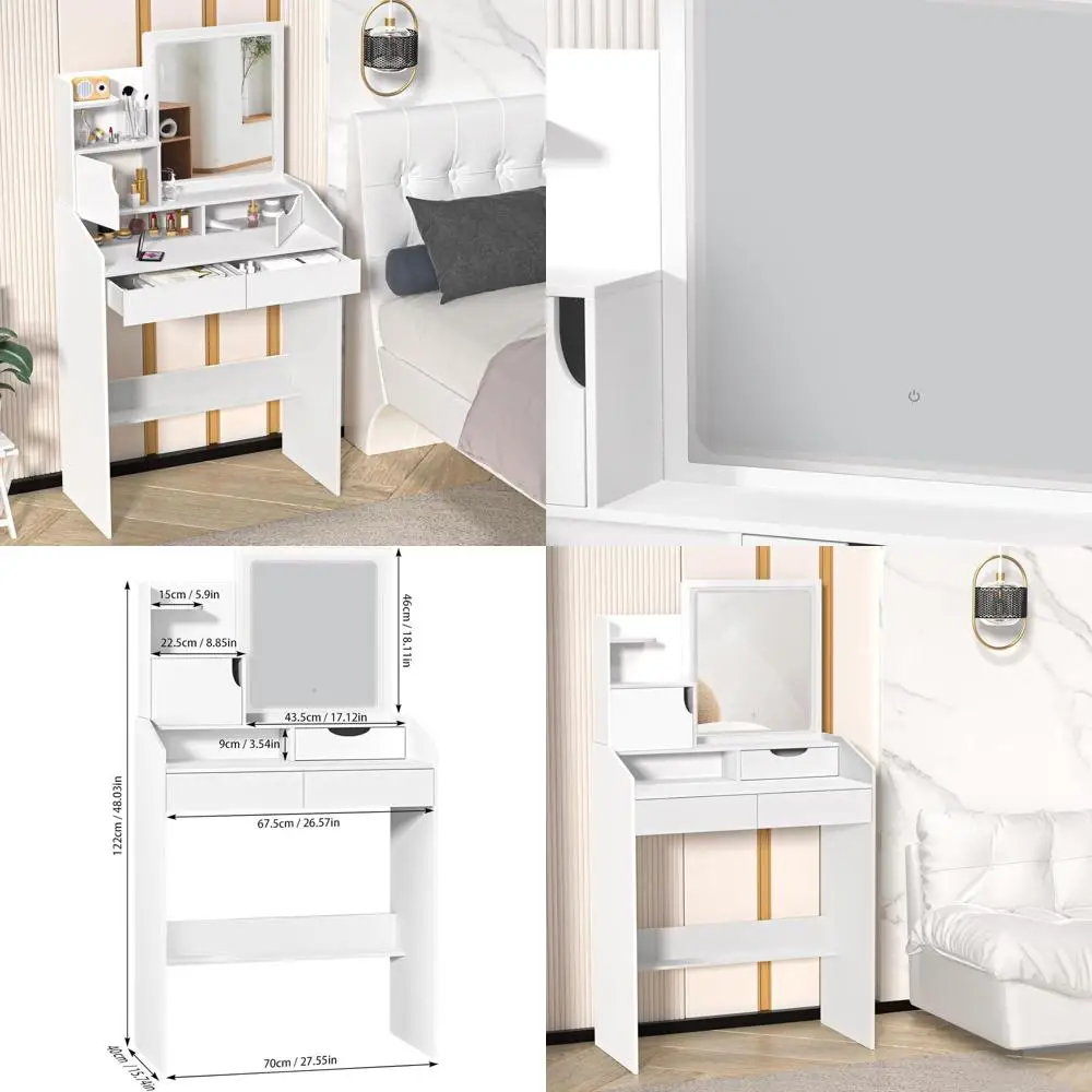 

Туалетный столик со светодиодной подсветкой и зеркалом, компактный косметический столик с 2 ящиками и 3 отделениями, регулируемое освещение