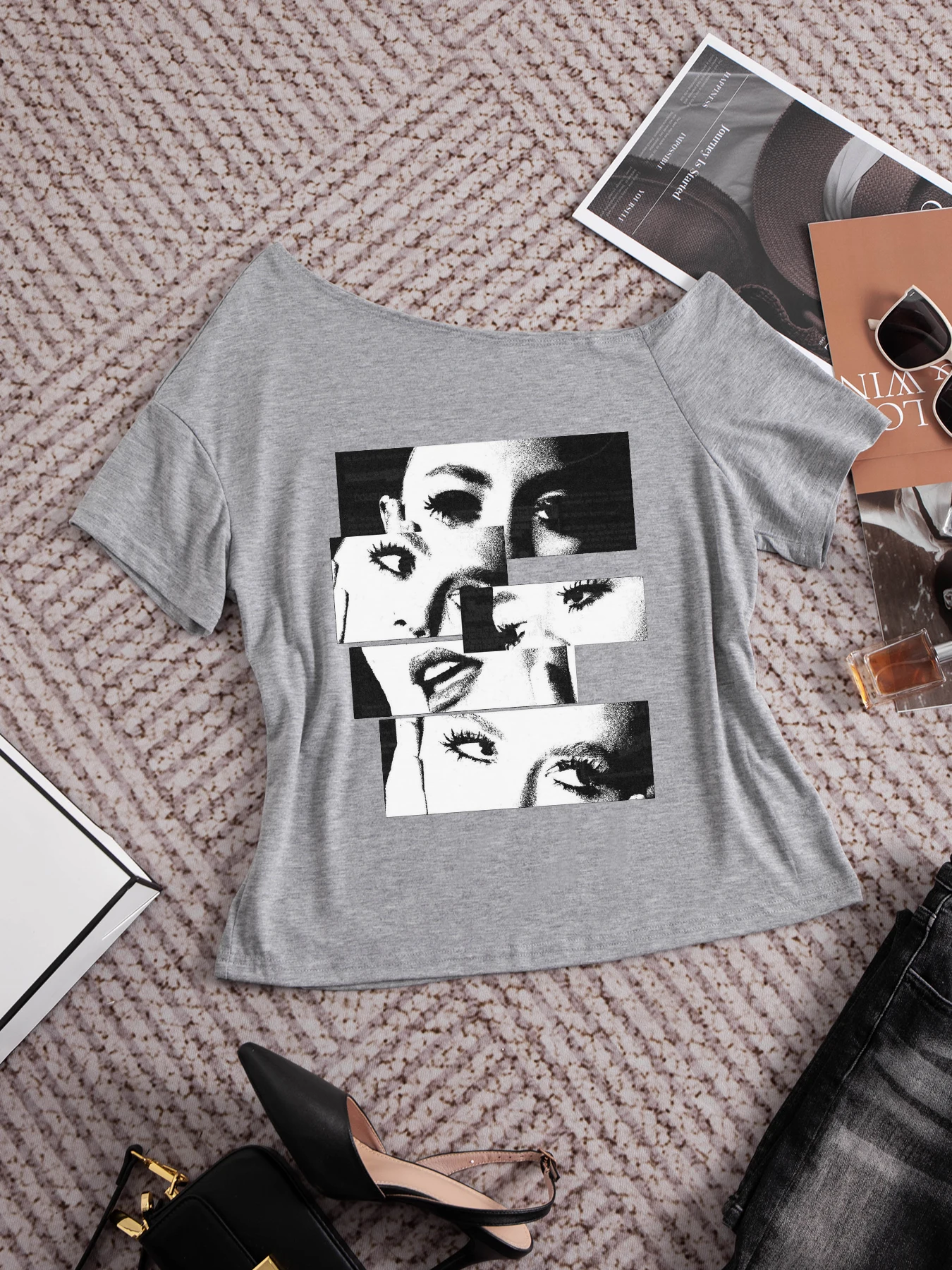 

New summer ladies' OS gray off-shoulder short-sleeve T-shirt, black-white figure patterns—stylish, personalized, trendy charm.