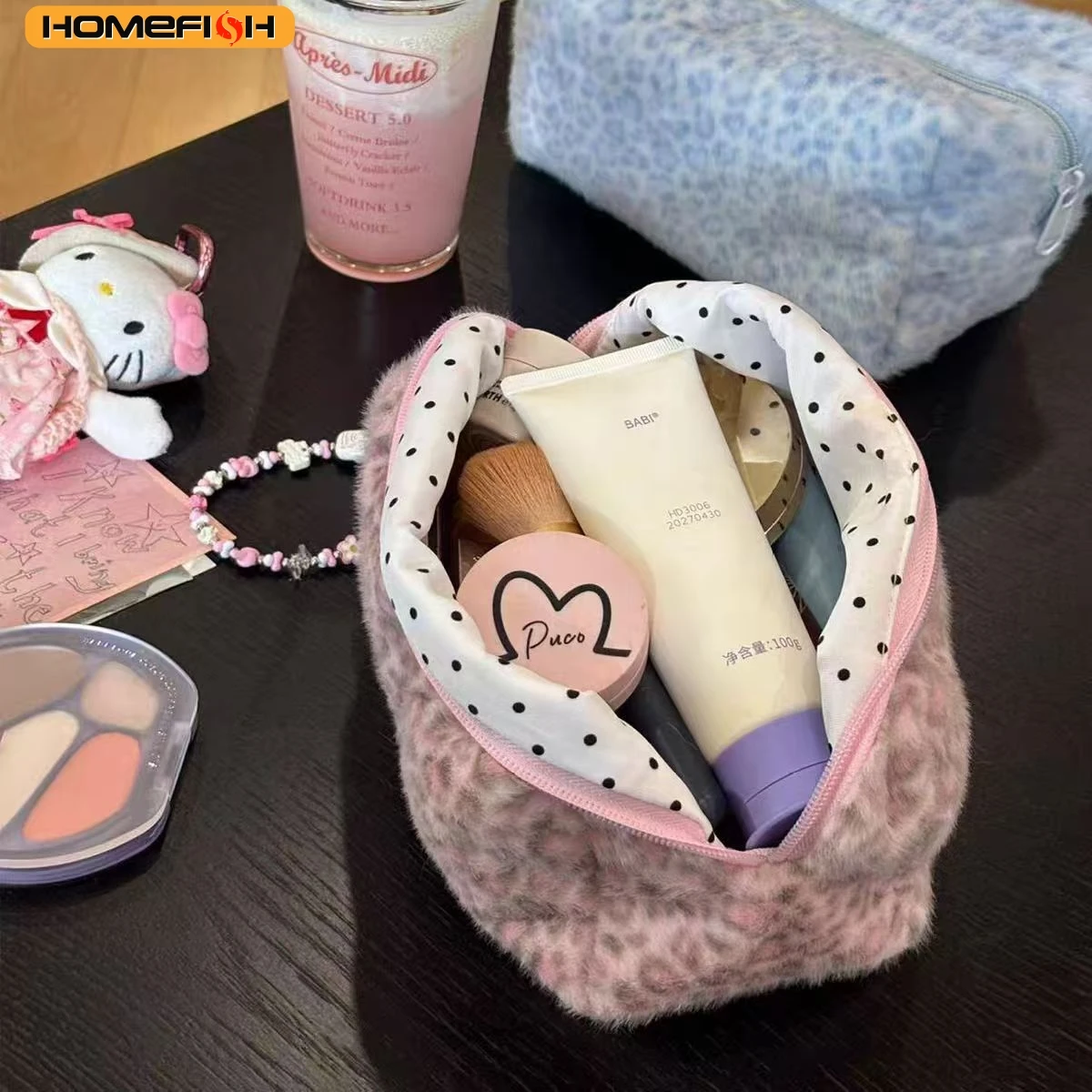 Bolsa de Maquiagem Fuzzy Durável HOMEFISH, Grande Capacidade, Organizador de Cosméticos com Estampa de Leopardo, Bolsa de Viagem para Meninas