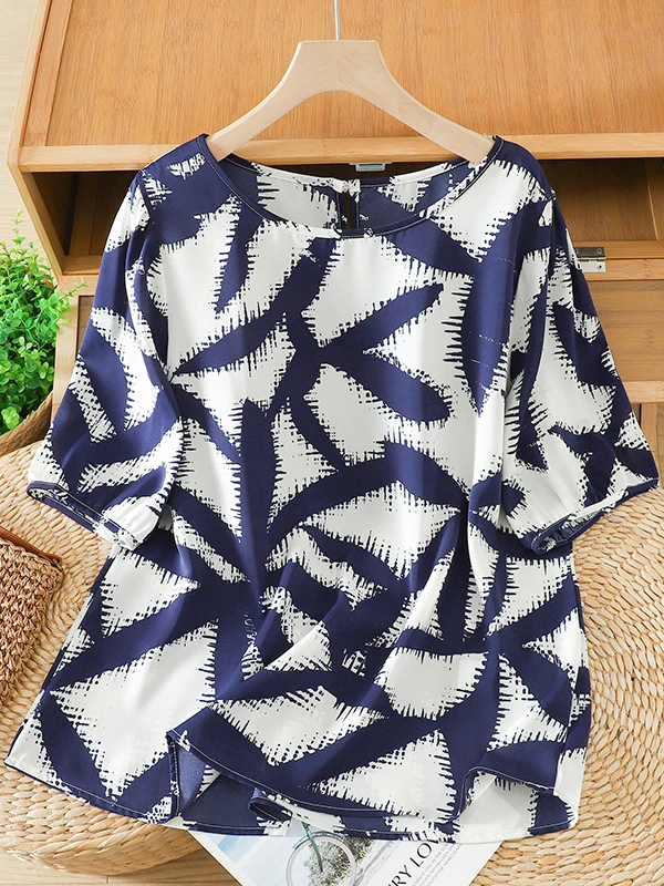 

High-End Summer 2026 Women's Loose Short-Sleeve Silk Print Top Slimming Fashionable Casual Style Breathable Geometric Pattern