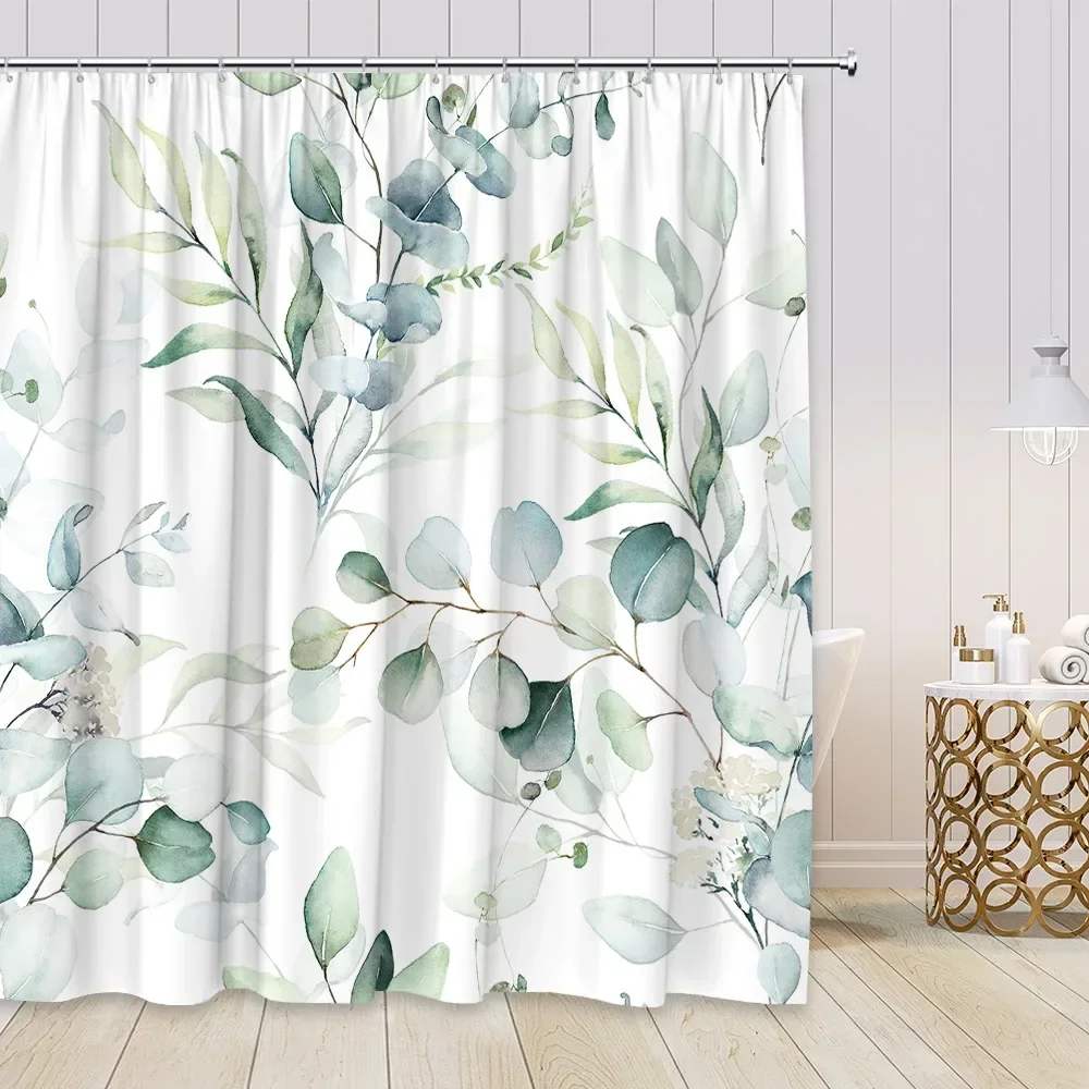 Green Leaves Shower Curtains Watercolor Plants Tree Leaf Simple Nordic Home Decor Polyester Fabric Bathroom Curtain Sets White