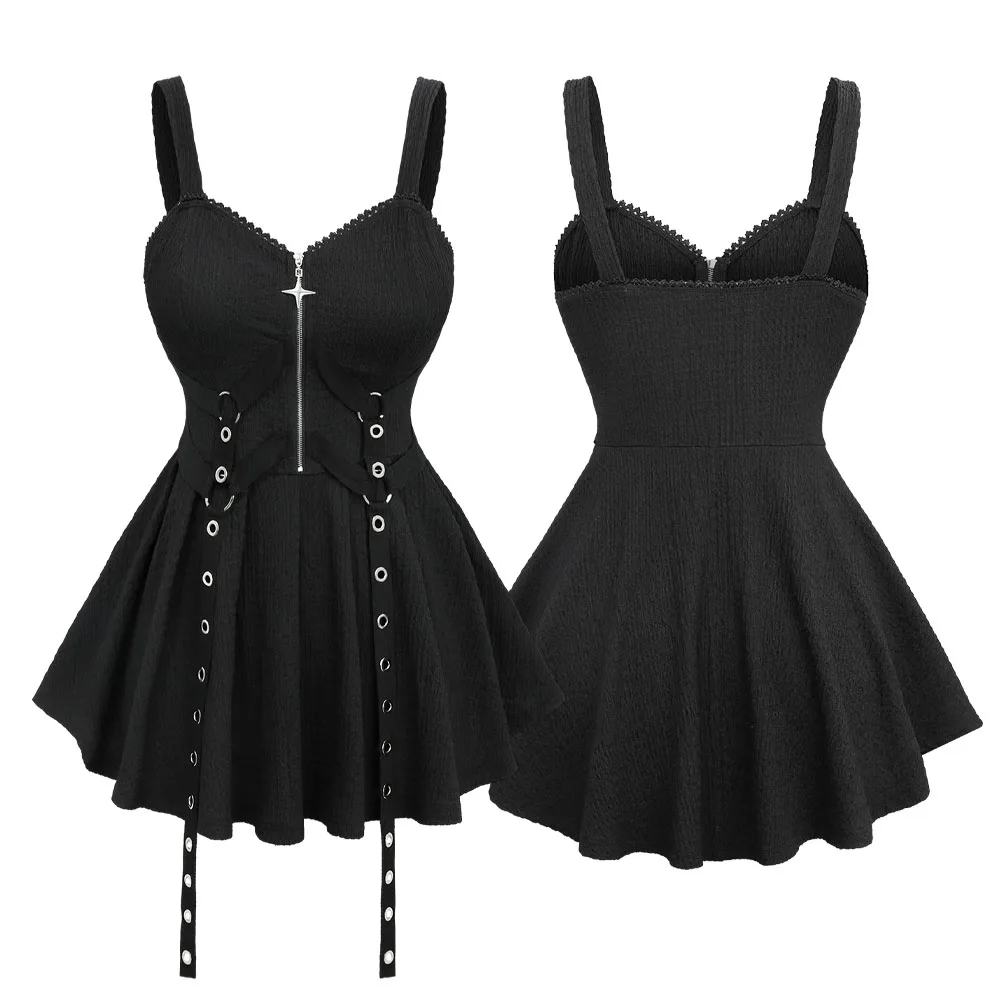 

ROSEGAL Plus-Size Grommets Straps Star Zipper Vest Camis Top Black Casual Lace Trim Plisse Tank Tops