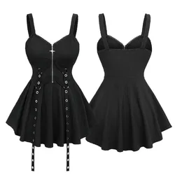 ROSEGAL artı-boyutu gotik PU dantel Up Grommet kafatası fermuar yelek kırpma üstleri siyah V kesim katı Strappy Camis üst yüksek streç tankları