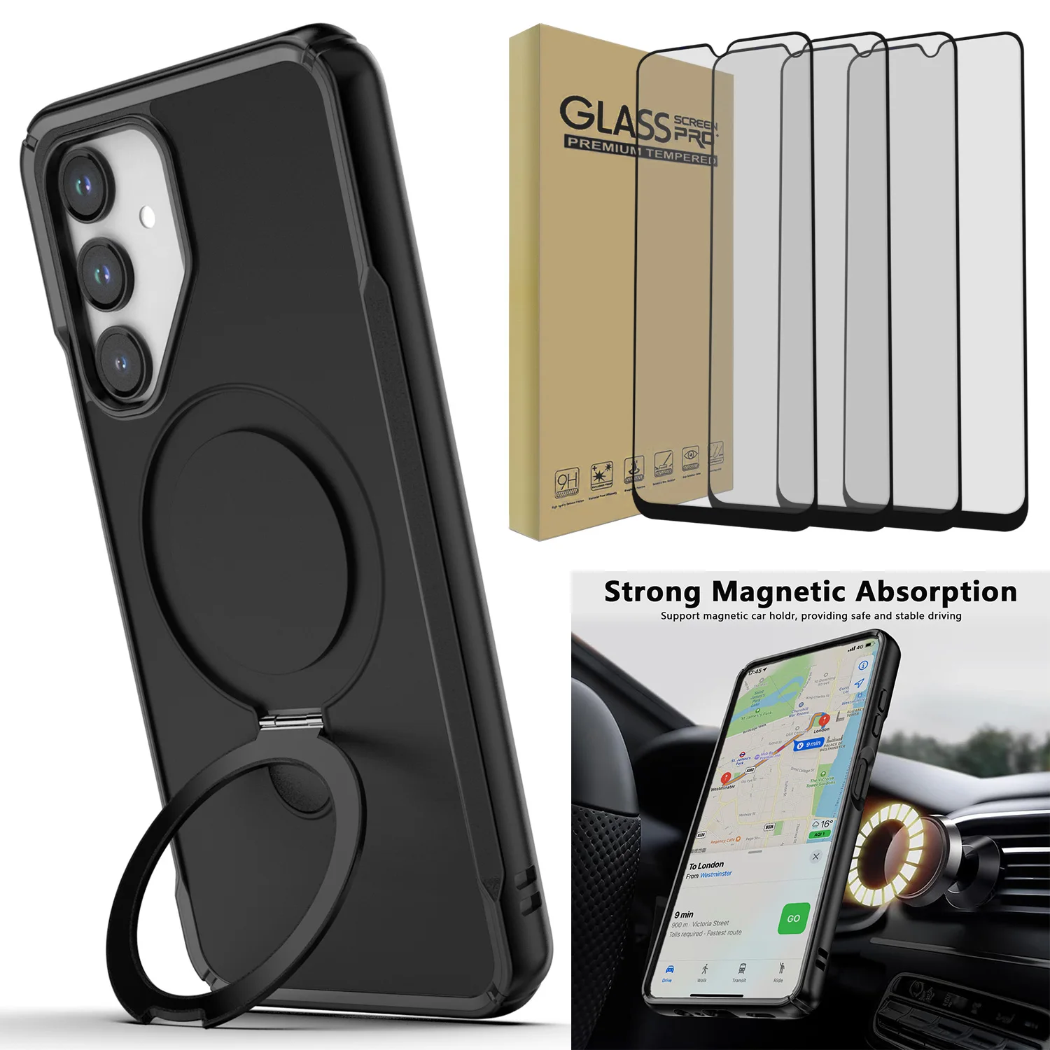 

Черный чехол для Samsung Galaxy A16 5G, магнитное противоударное кольцо, подставка и 4 шт., прозрачное закаленное стекло, защитные пленки для экрана