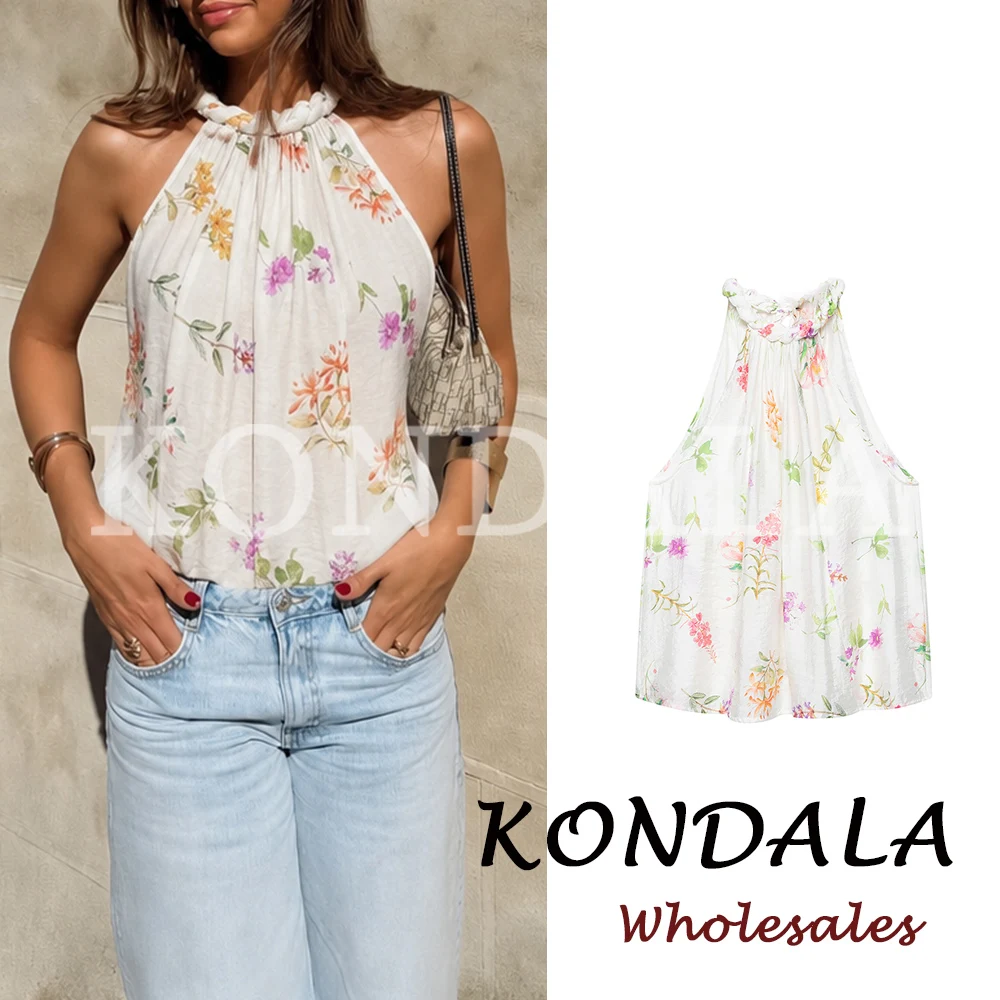 KONDALA Chic Flower Print Summer Women Casual Blouse Fashion 2026 Pleated Elegant Neck-mounted Elegant Female Sleeveless Top