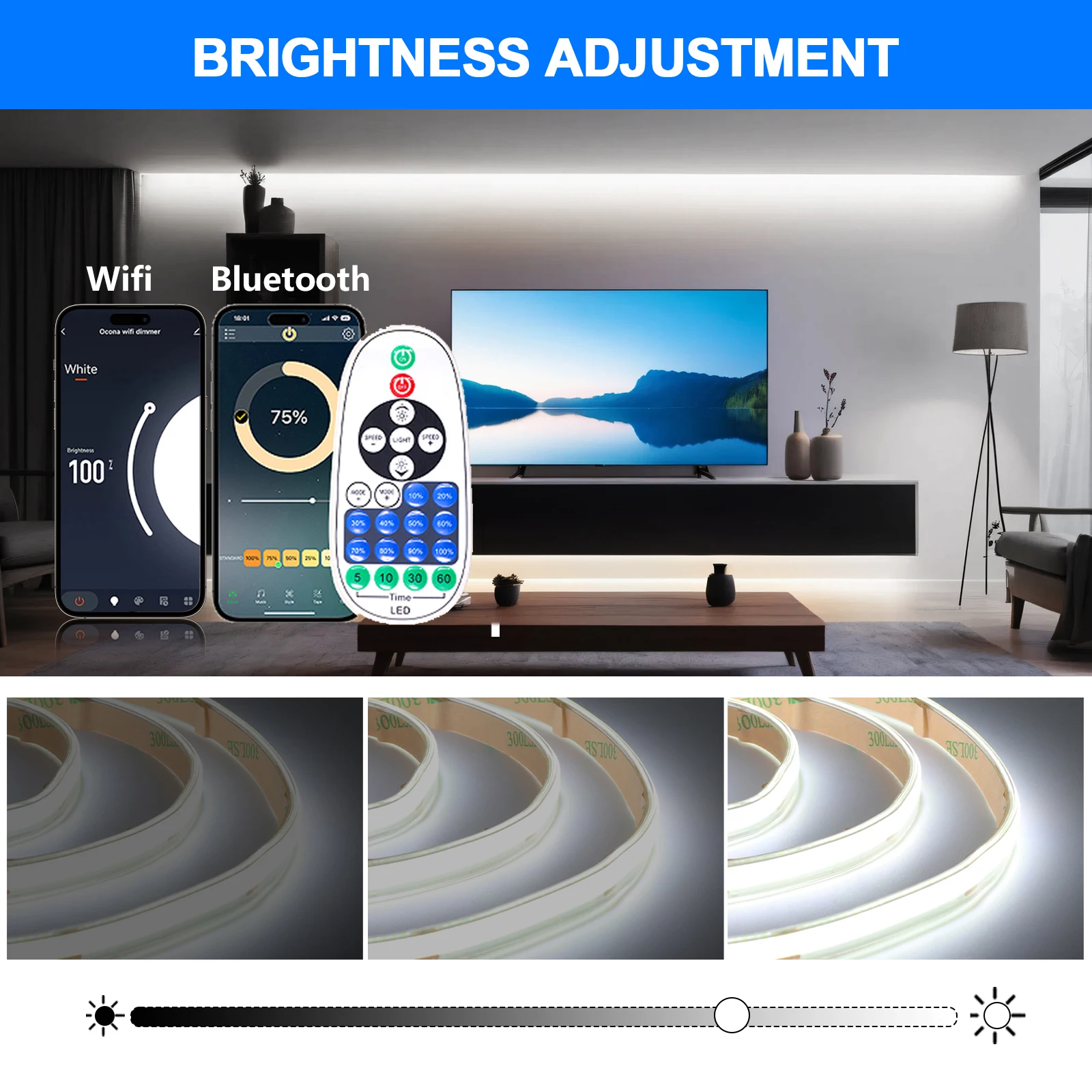 COB LED Strip 12V 24V Wifi Bluetooth Remote Control Power Kit Waterproof 480LEDs/m Flexible Linear Tape Lights Bar for Home