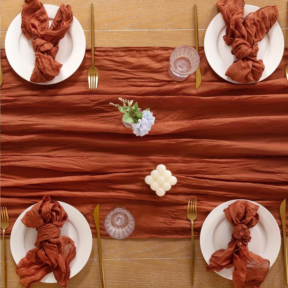 7 Pcs Cheesecloth Table Runner and Napkins Set Boho Gauze Cheese Cloth Rustic Wrinkled Decor for Wedding Birthday Party Dinner