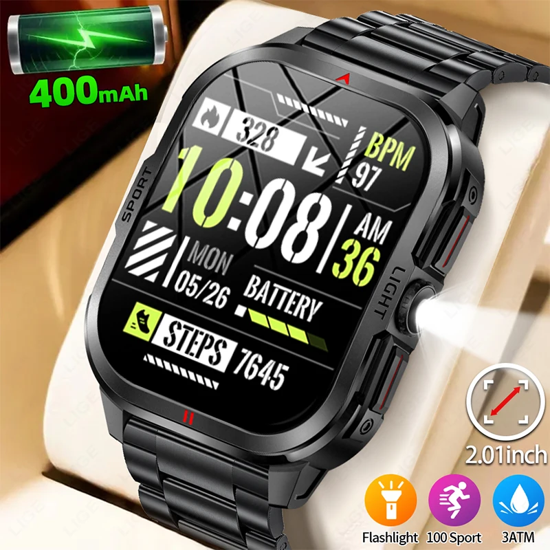 LIGE Torcia LED militare Smart Watch da uomo 3ATM Impermeabile Sport all'aria aperta Tracker Cardiofrequenzimetro Chiamata Bluetooth Smartwatch