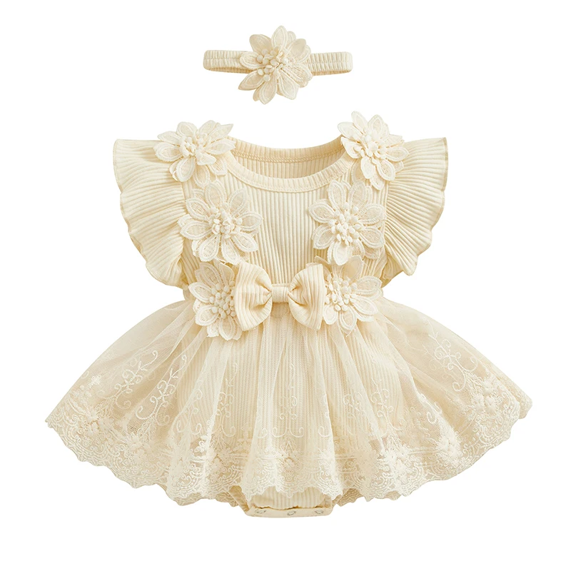 Infant Baby Girl Lace Romper Baby Tulle Dress Romper Flowers Bodysuit Spring Summer Festival Clothes with Headband 7