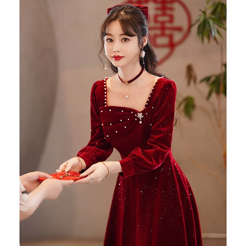 Burgund Braut Hochzeit Kleid Sexy Velour A-linie Promi Bankett Kleid Chinesischen Stil Frauen Qipao Cheongsam Robe De Soiree