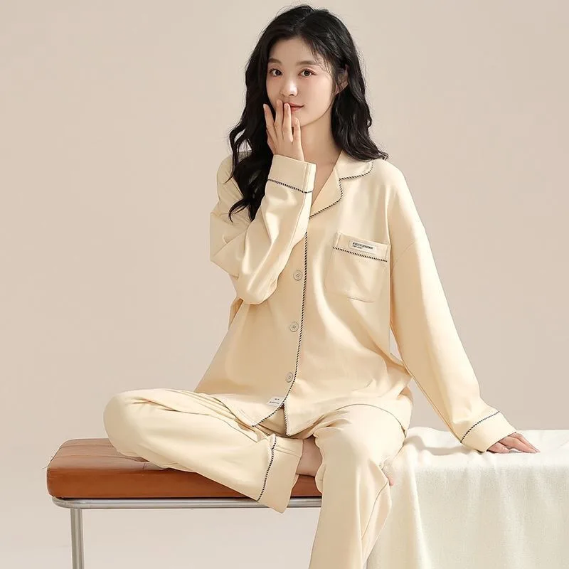 

2023 New Women's Cotton Pajamas Spring Autumn High-end Lapel Loungewear Cardigans Simple Comfortable Long Sleeve Homewear
