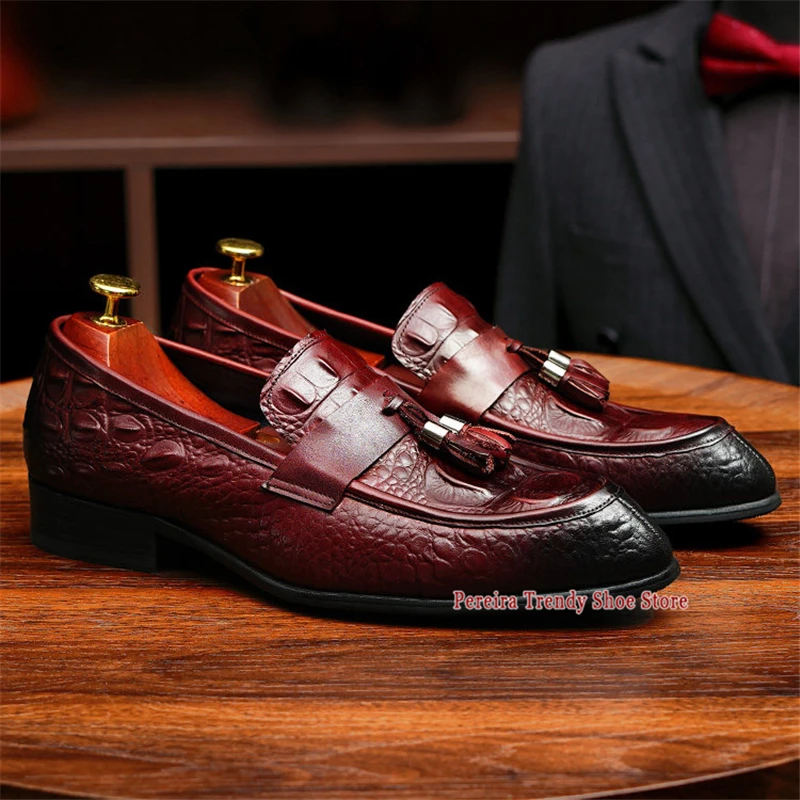 Tassel Design Crocodile Pattern Cowhide Loafers Men Summer New British Pointed Toe Genuine Leather Party Wedding Dress Shoes