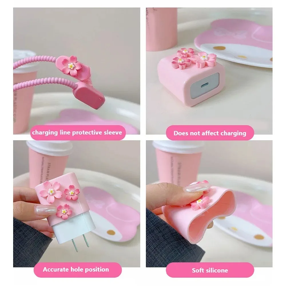 3D Pink Flower Soft Silicone Charger Case For IPhone 15 14 13 12 11 18W 20W Charger Protection Cover Charger Sleeve Accessories