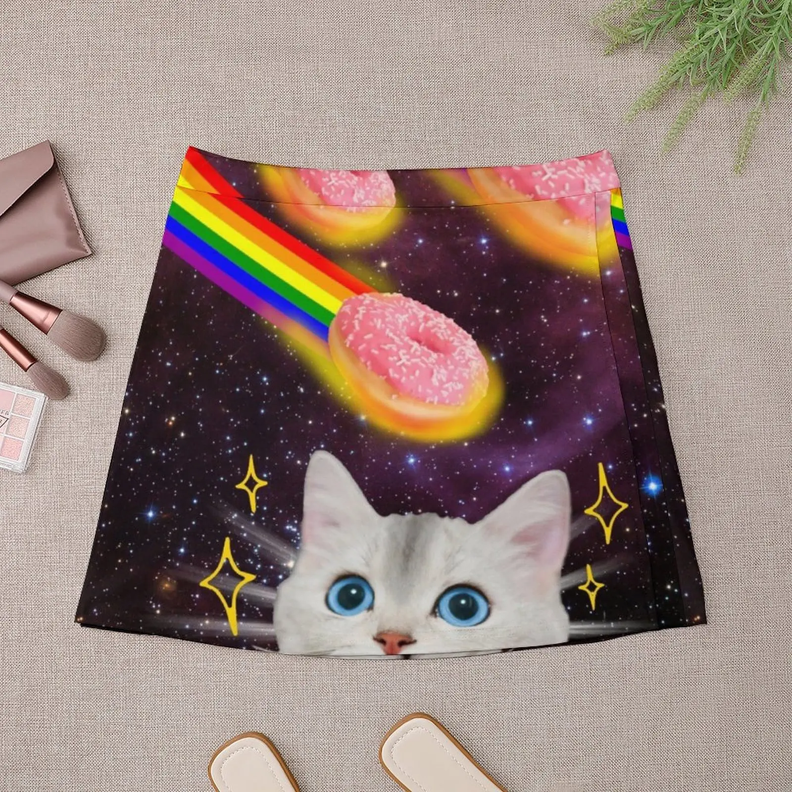 CAT IN SPACE DOUGHNUT GALAXY STARS FUNNY RAINBOW BEACH PARTY Mini Skirt skirts for woman Womens dresses Mini Skirt