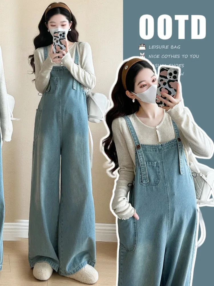maternity-denim-crop-top-and-pants-set-casual-spring-autumn-fashionable-and-stylish-two-piece-suit-for-pregnant-women