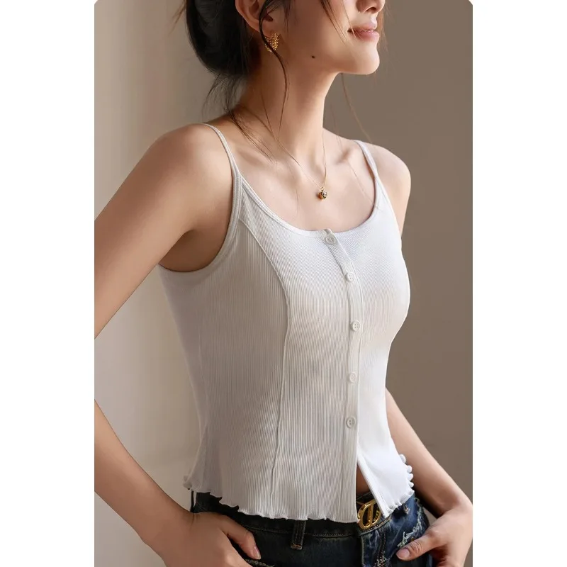 Women's Ribbed Camisole with Built-in Bra Button Front Ruffle Hem Casual Top