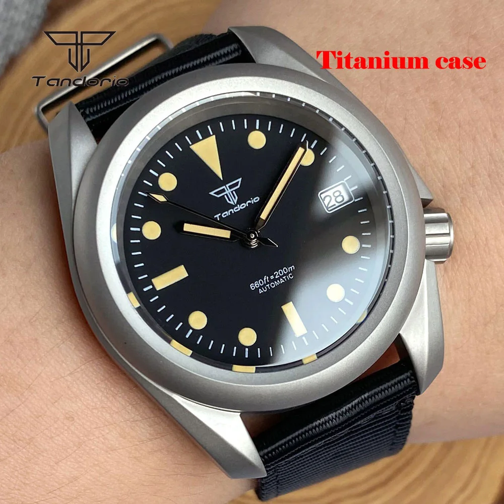 Tandorio Titanium Automatic Mechanical NH35 Men\'s Watch Date Sapphire 3.8 Crown Light Weight Dive Wristwatch Luminous 20BAR MOP