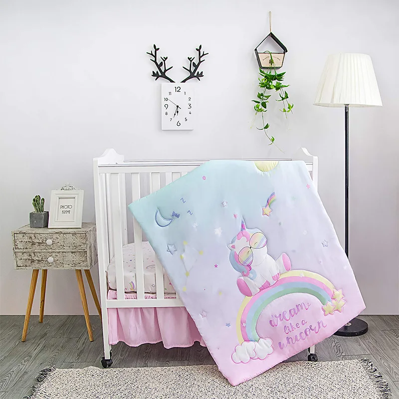 Unicorn Theme Bedding Set para o bebê, cama berço, berço Bumper Sheet, Cartoon Mermaid Comforter