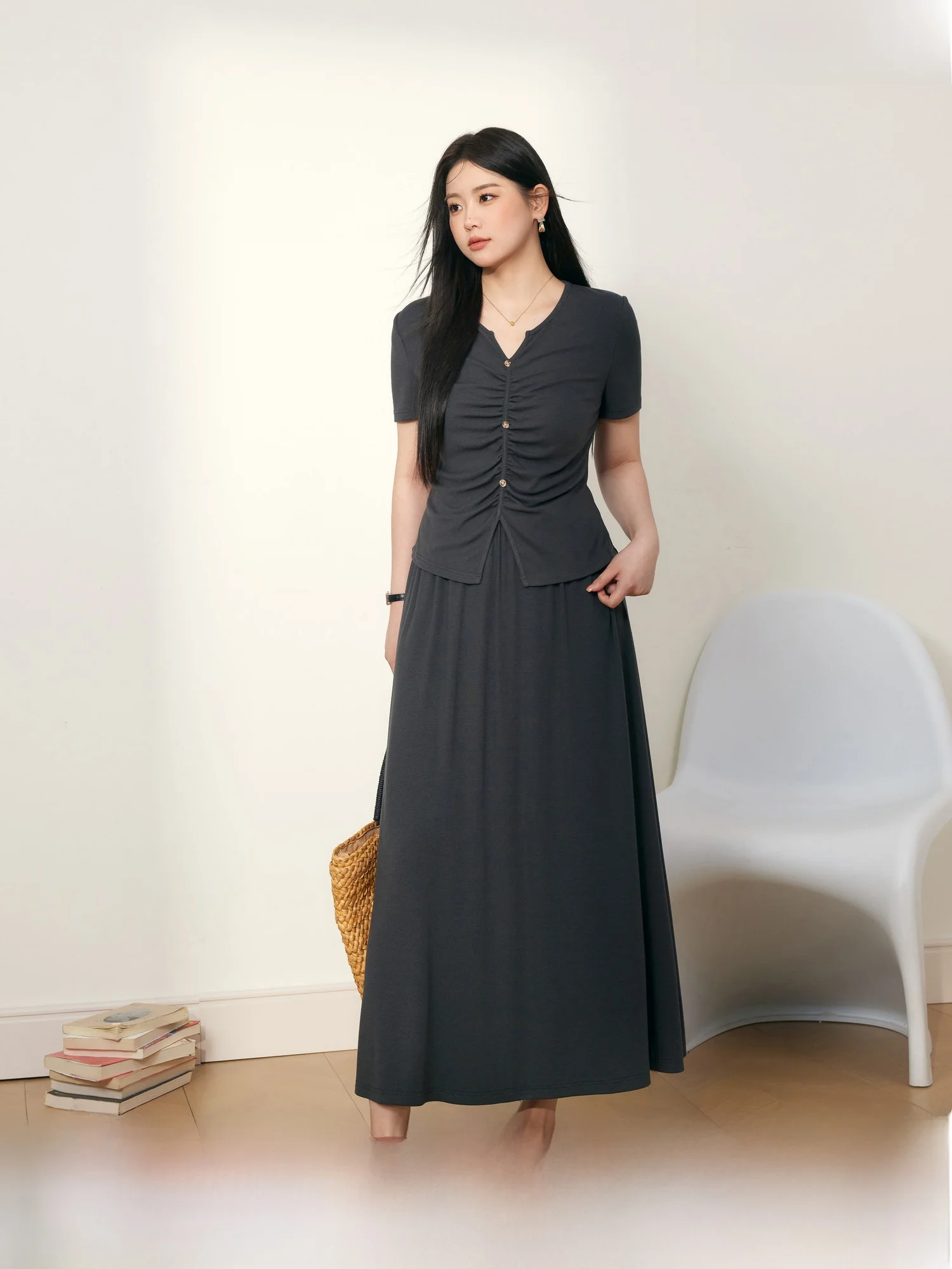

Blue Language plus Size Women's High Waist Halter Top Short Sleeve V-neck Set Summer Meat Concealing Elegant Commute Style