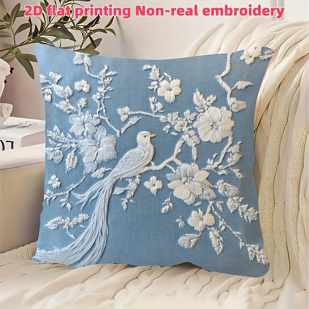Elegant Bird Flower Pillow Cover Faux Embroidery Print Vintage Chinoiserie Cushion Case for Sofa Bed Couch Home Decor