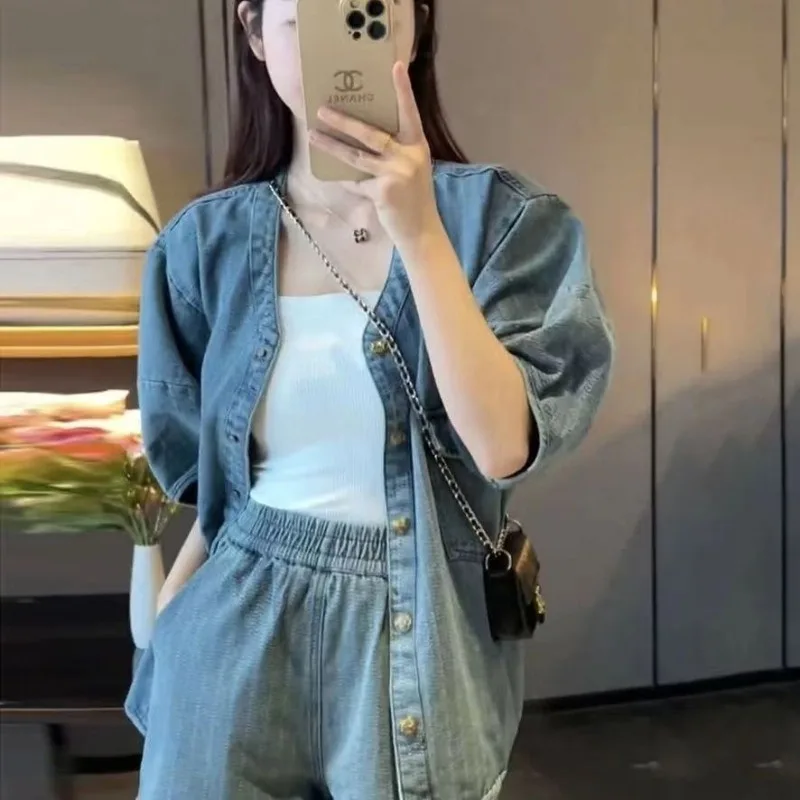 V Neck Loose Denim Shirts Short Sleeve Jacket Summer Sets Womens Outfits 2 Piece Shorts Vintage Streetwear Y2k 2024 Chic Tops