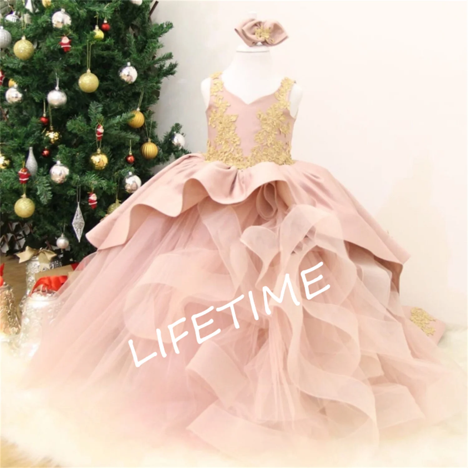 Vestidos De Menina De Flores Com Laço, Tule Rosa, Inchado Dourado Modelado, Sem Mangas, Bordado, Casamento, Aniversário, Banquete, Vestidos De Princesa