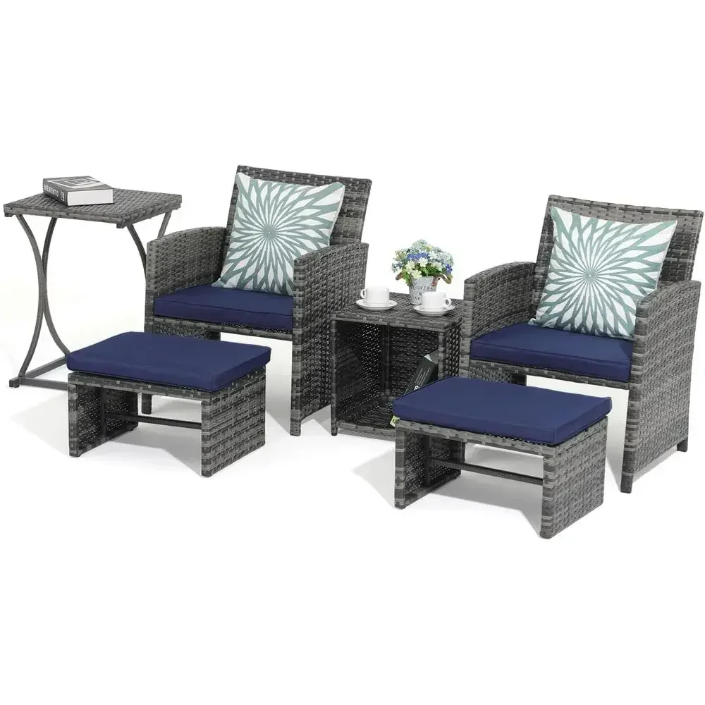 6-Piece Outdoor Grey Wicker Patio Furniture Set with Ottoman, Ideal for Balcony or Apartment, Navy Blue