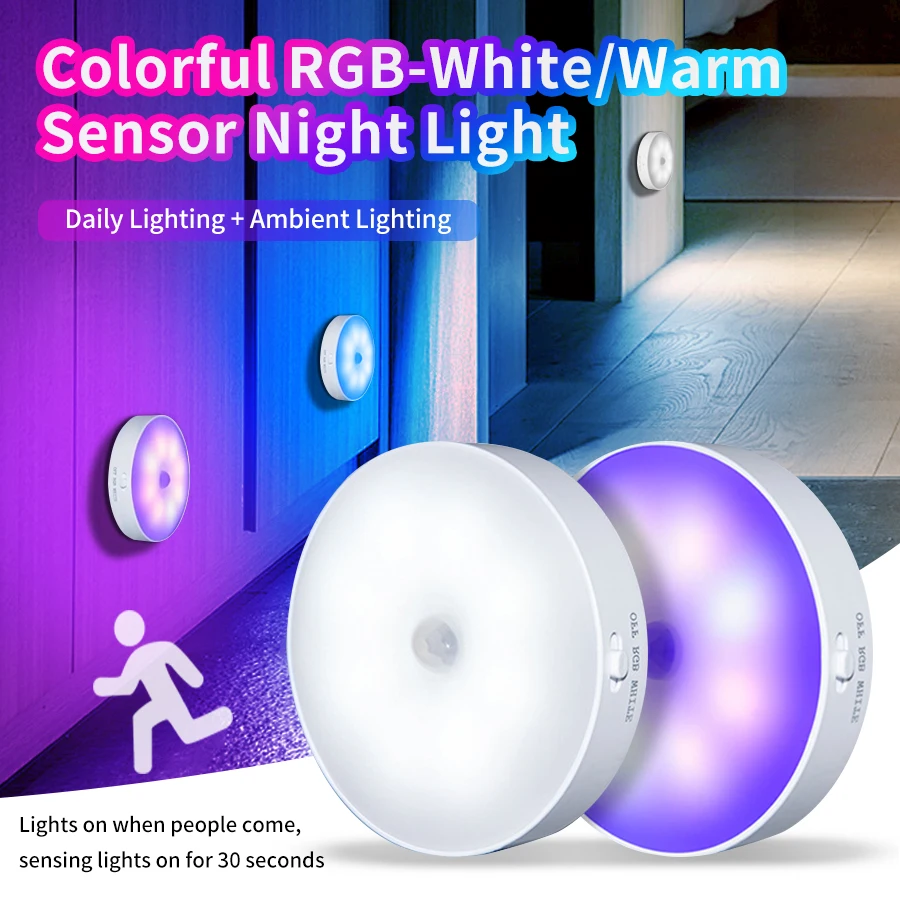 

USB Rechargeable LED Night Light Human Body Induction Night Light RGB Atmosphere Lamp for Bedroom Kitchen Cabinet Closet Stair