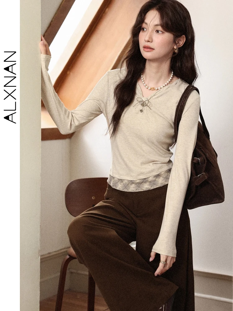 

ALXNAN Women's Brown Pants 100% Cotton Wide Leg Straight Pants 2025 Office Lady Casual Loose fit Baggy Female Trousers L57183