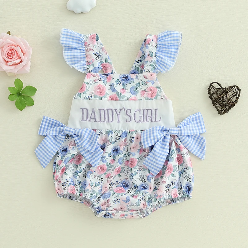 Baby Girls Romper, Fly Sleeve Flower Print Embroidery Letters Bow Infant Bodysuit Summer Clothes for Casual Daily
