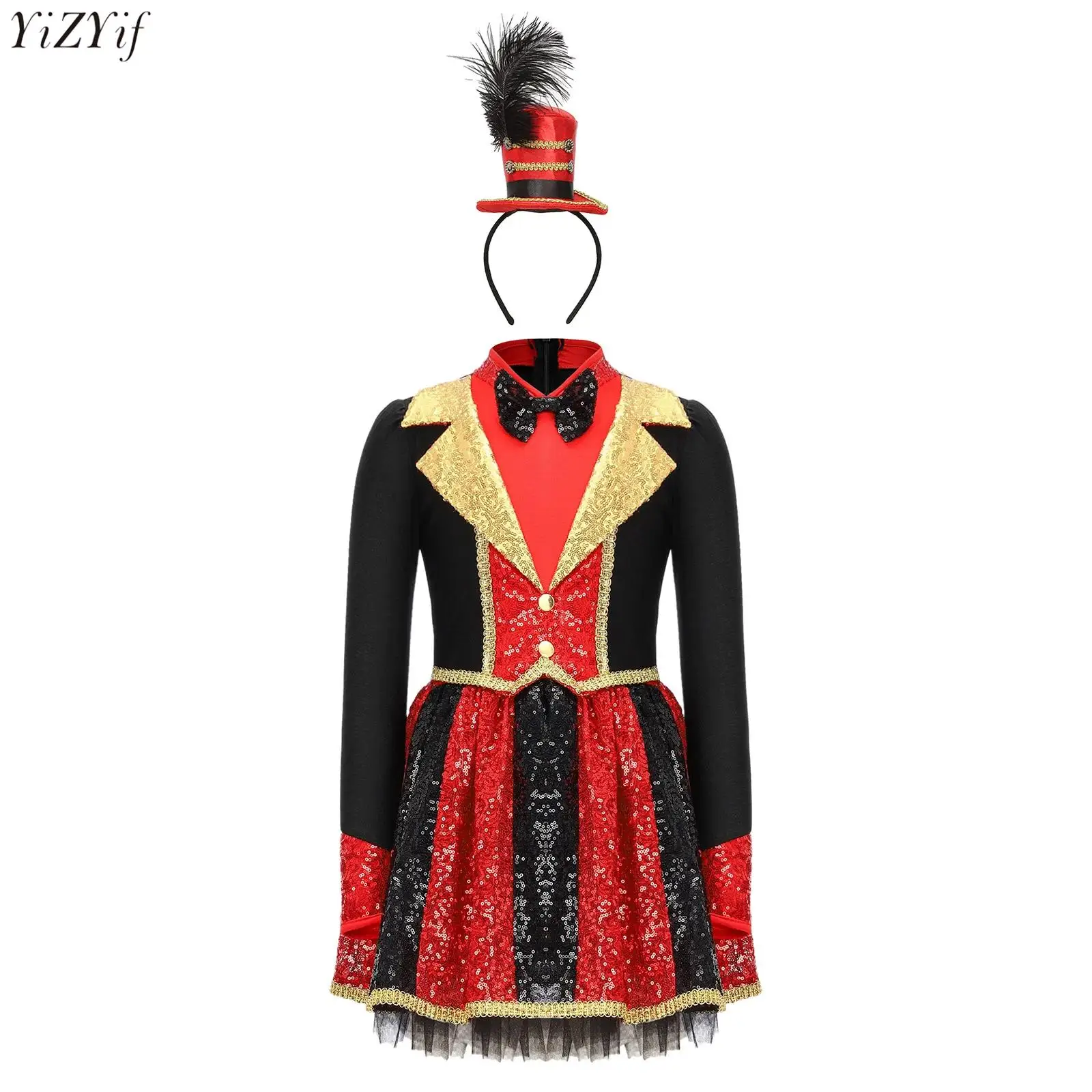 

2Pcs Girls Halloween Circus Cosplay Costume Color Block Shiny Sequins Long Sleeve Bow Tie Back Puffy Dress+Top Hat Headband Set
