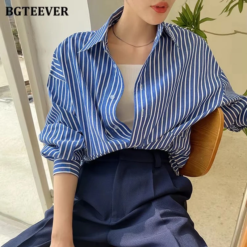 

BGTEEVER Casual Loose Turn-down Women Striped Blouses Spring Summer Fashion Long Sleeve Single-breasted Female Shirts Tops