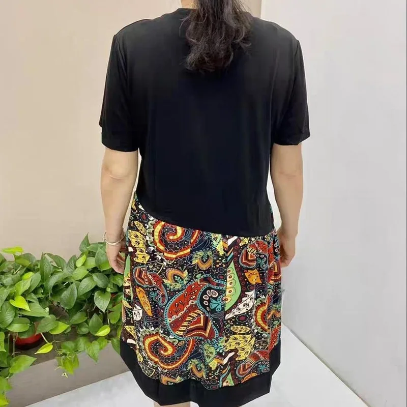 Fashion O-Neck Printed Spliced Loose Korean Fake Two Pieces Mini Dress Women's Clothing 2023 Summer New Office Lady Floral Dress