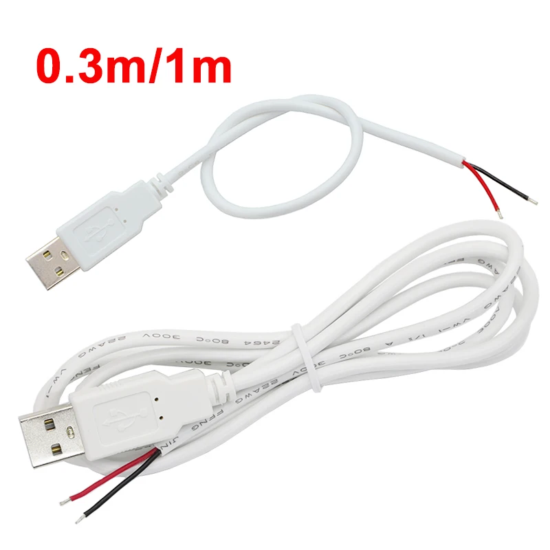 30cm/100cm USB 2-Pin Male plug Power Supply Cable Extension Cord Connector Adapter Charging cable DIY White 5V Line High quality