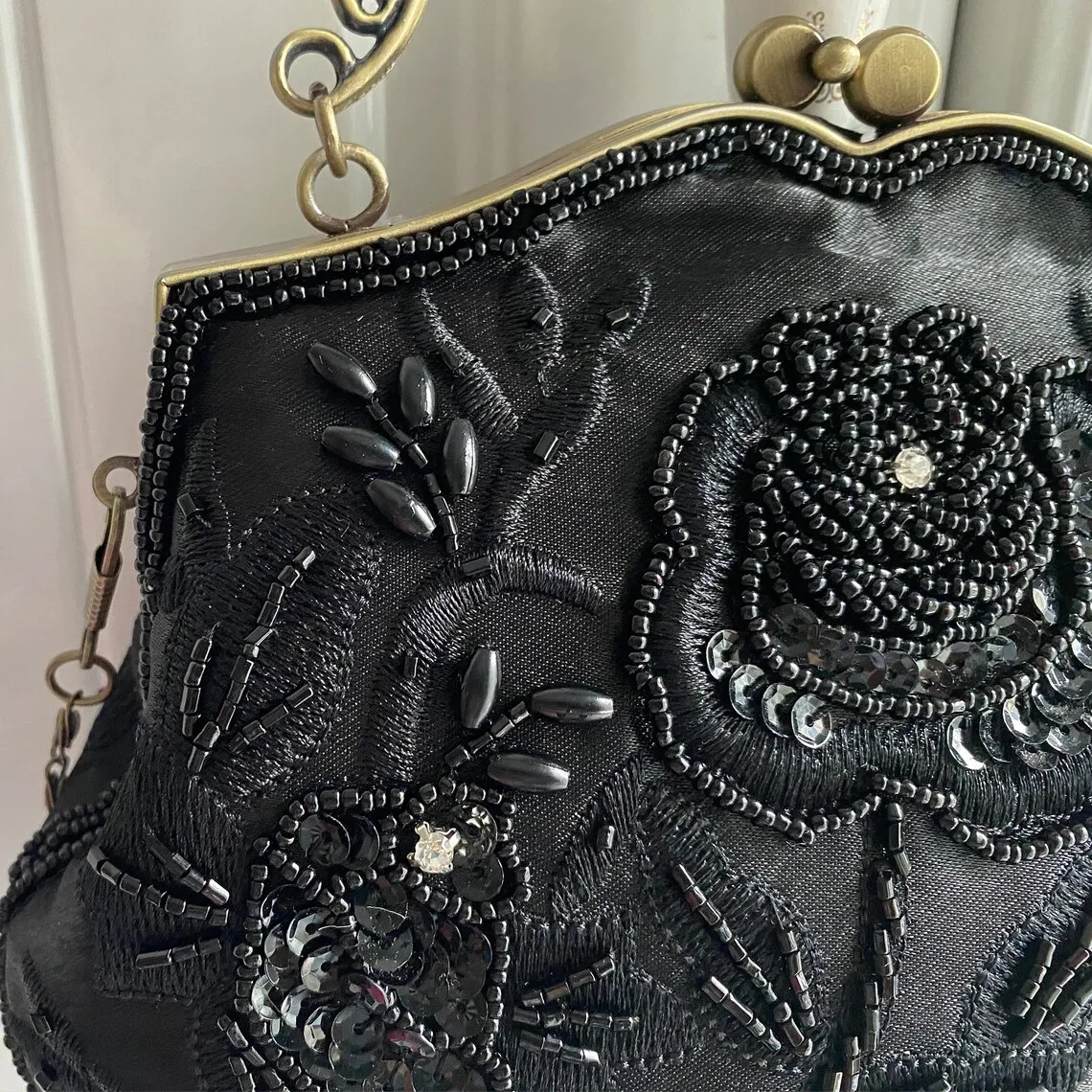 Lost in Vintage Evening Bag Decorated with Handmade Beads Floral Patterns Sequins Rhinestones Clutch Purse Detachable Chains