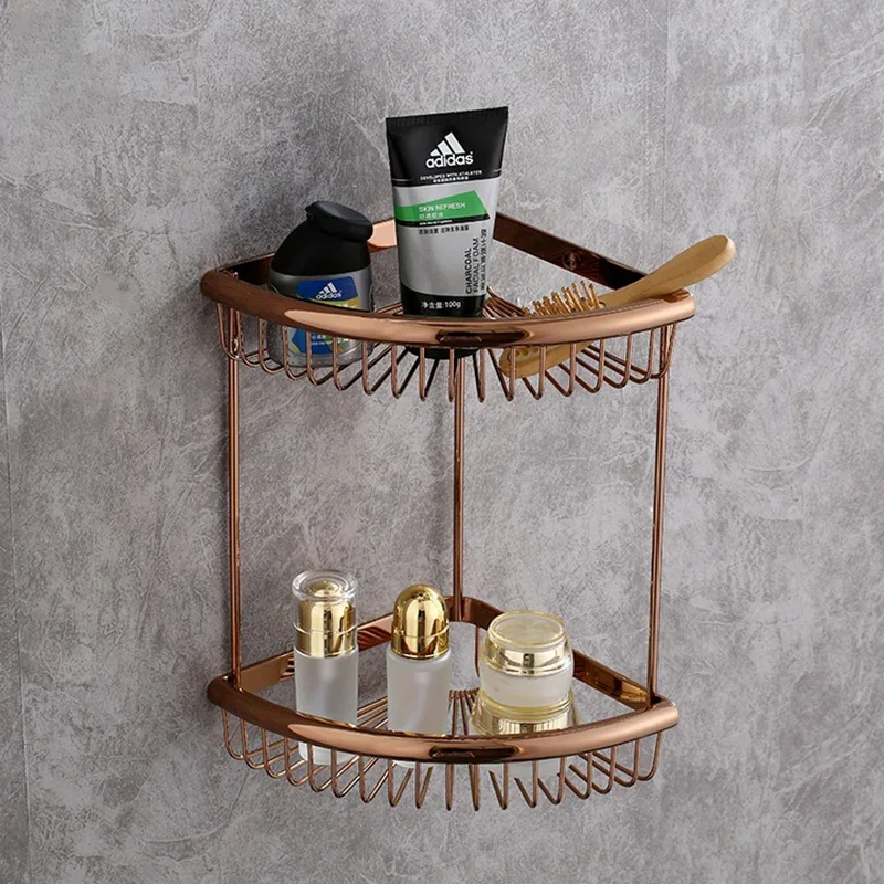 Rose Gold Corner Shelf Brass Bathroom Shelf Wall Mounted Chrome Shampoo Gel Holder Storage Organizer Bathroom Shower Basket