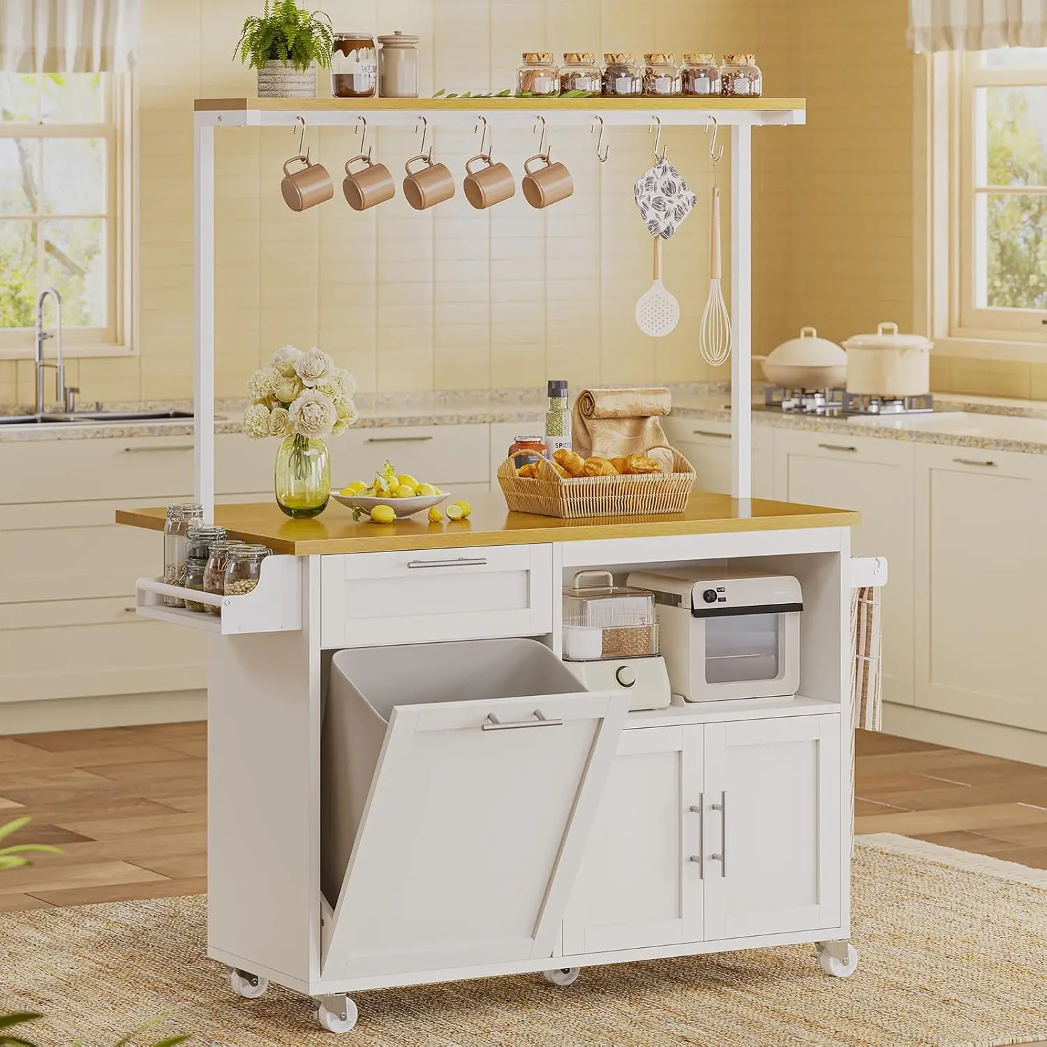 Mesa rodante con isla de cocina con ruedas y hoja abatible, carritos de cocina móviles de 40" con almacenamiento de cubo de basura, gabinete de almacenamiento, D