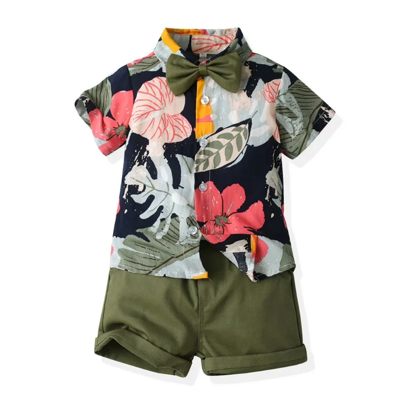 2024 ragazzi set estate Hawaiian Outfit neonato bambini stampa floreale camicia a maniche corte papillon camicia + pantaloncini Baby Gentleman Suits