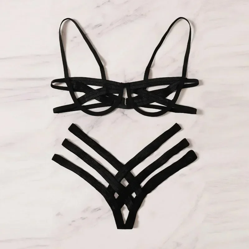 Conjunto de lingerie de bondage feminino elástico oco conjuntos de sutiã preto cupless gaiola sutiã tanga sexy íntimo roupa interior exótica